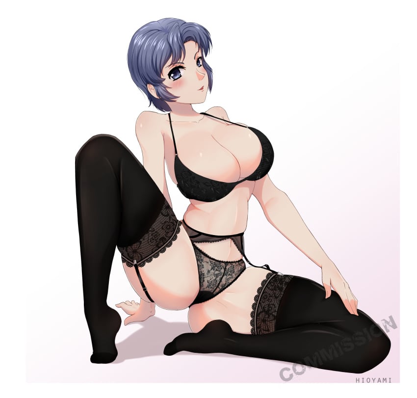 1girls absurdres arm_support black_bra black_legwear black_panties blue_eyes blue_hair blush bra breasts cleavage eyebrows_visible_through_hair fairey_hierfly female garter_belt garter_straps hand_on_own_leg highres hioyami lace lace-trimmed_legwear large_breasts looking_at_viewer navel panties short_hair solo spread_legs super_robot_wars super_robot_wars_gc super_robot_wars_original_generation thighhighs underwear white_background