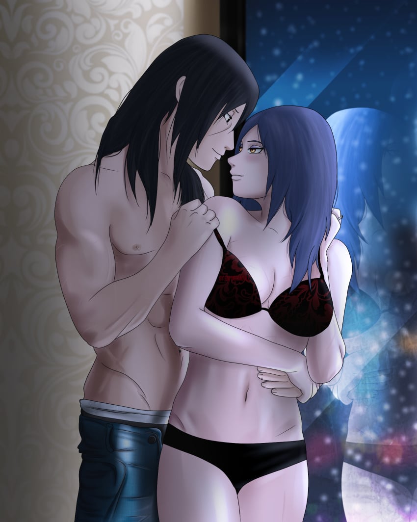 1boy 1girls akatsuki_(naruto) alternate_hairstyle black_eyes black_hair blush bra breasts cleavage euphoriadoll female konan long_hair looking_at_another male naruto naruto_(series) naruto_shippuden off_shoulder orange_eyes panties pants ring smile snowing topless uchiha_itachi underwear undressing window