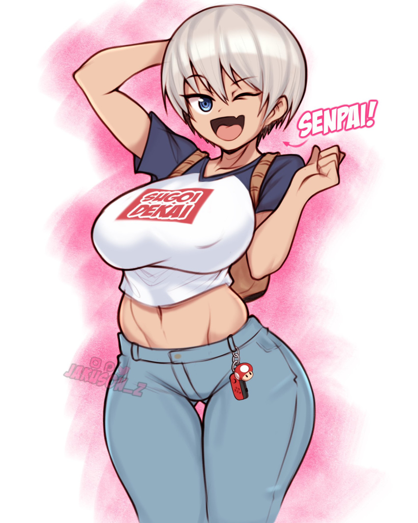 1girls 2020 ass_visible_through_thighs backpack bag big_breasts bottomwear clothing female fully_clothed game_controller grey_hair jakuson_z jeans joycon_controller large_breasts mario_(series) mushroom nintendo nintendo_switch pale-skinned_female pale_skin pants short_hair super_mushroom t-shirt thick_thighs thigh_gap tight_jeans tight_pants topwear uzaki-chan_wa_asobitai! uzaki_hana wide_hips