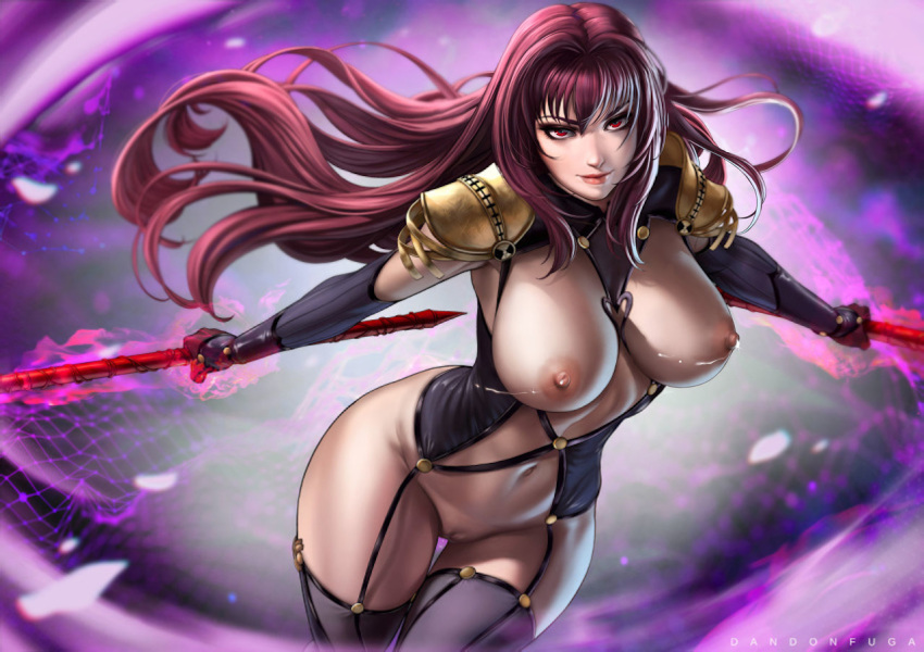 1girls ag-edits breasts cleavage dandon_fuga edit fate/grand_order fate_(series) female female_only hairless_pussy large_breasts looking_at_viewer pinup scathach_(fate) solo spear weapon