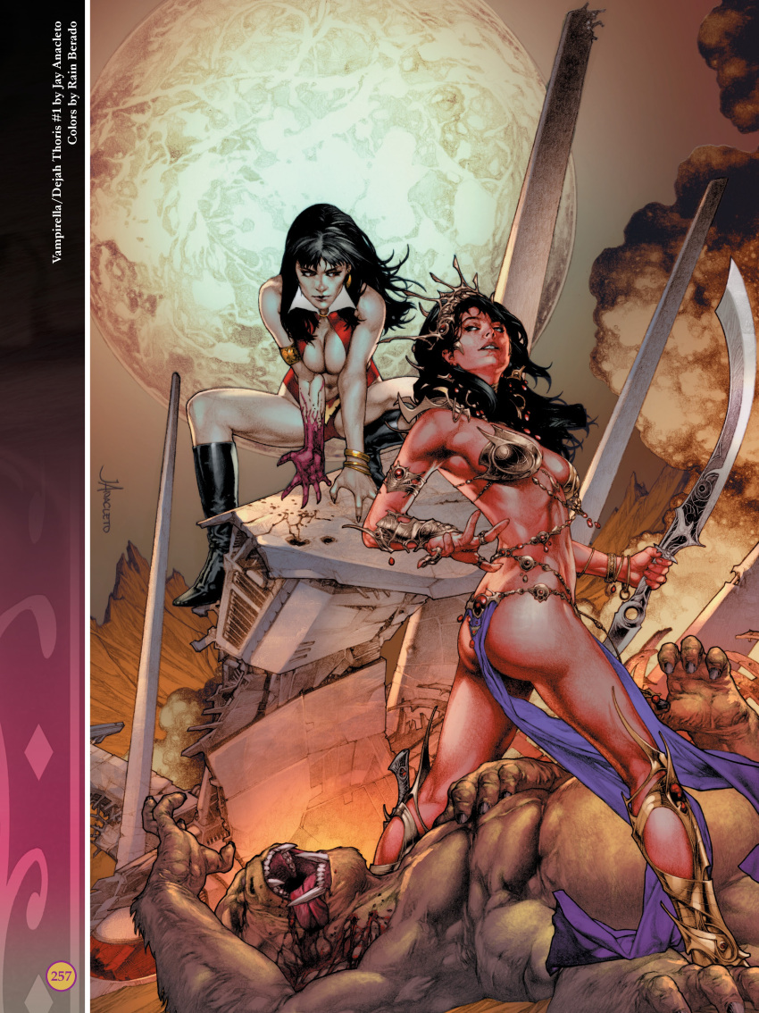 2girls a_princess_of_mars armlet ass barsoom black_hair blood boots bracelet bubble_butt cleavage crossover dejah_thoris gold_chain gold_pasties headdress holding_weapon jay_anacleto jewelry john_carter_of_mars large_breasts loincloth long_hair martian monster official_art pasties pink_skin purple_eyes rain_beredo red_eyes revealing_clothes royalty sword vampire vampirella voluptuous