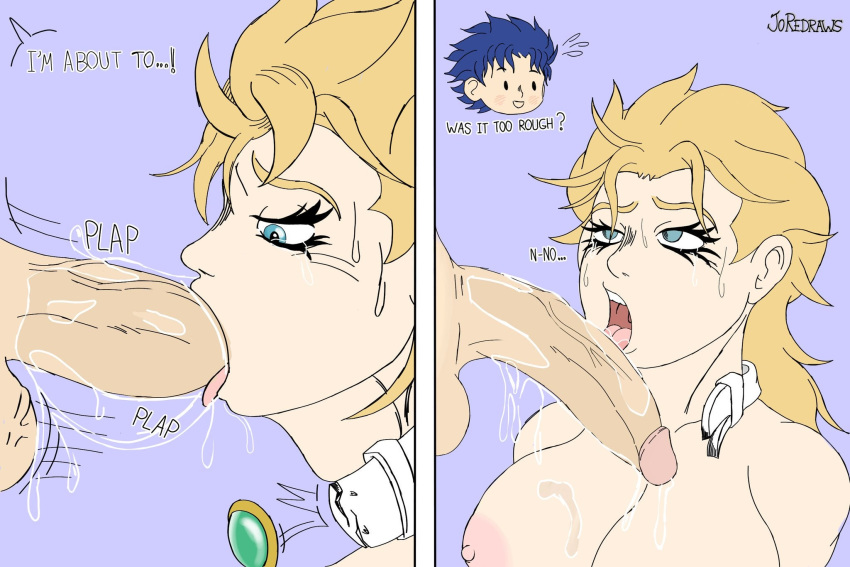 1boy 1girls after_sex big_breasts big_penis blonde_hair blowjob blue_hair choker deepthroat deepthroat_mark dialogue erina_pendleton eyelashes fellatio female female_focus happy huge_cock jojo's_bizarre_adventure jonathan_joestar joredraws light-skinned_male light_blue_eyes light_skin looking_at_partner looking_pleasured male oral pale-skinned_female pale_skin phantom_blood pleasure_face saliva saliva_on_penis saliva_string saliva_trail secretly_loves_it straight swallowing text throat_bulge tongue_out torn_choker