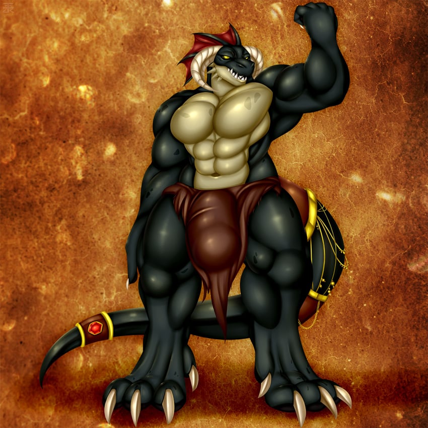 1:1 anthro arhan big_bulge big_muscles black_body bulge claws clothing detailed_background dragon fangs genital_outline genitals hi_res horn huge_bulge hyper hyper_bulge loincloth male male_only multicolored_body muscular muscular_anthro muscular_male open_mouth penis penis_outline solo two_tone_body yellow_eyes zi0808