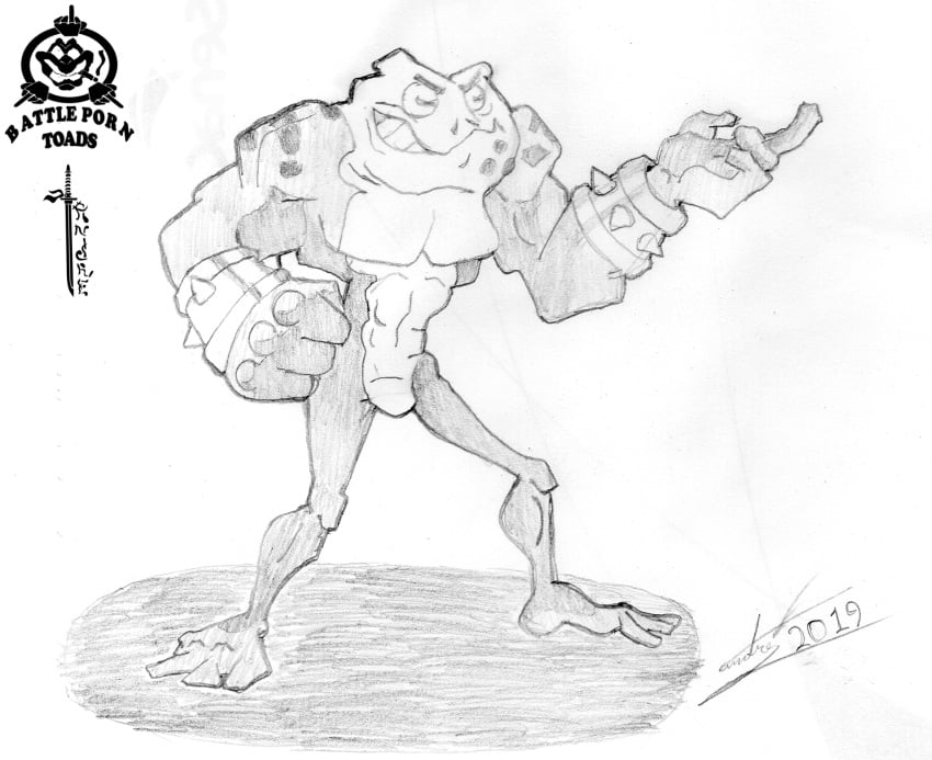 abs amphibian andrew_maxmind anthro battletoads biceps clothed clothing frog frown hi_res male male_only monochrome muscular muscular_anthro muscular_male outside pecs pimple_(battletoads) pose rareware solo toad topless video_games