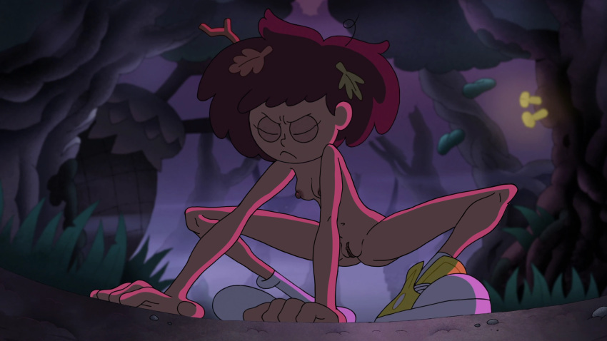 accurate_art_style alternate_version_available amphibia anne_boonchuy breasts casual closed_eyes dark-skinned_female disney disney_channel edit female_only footwear nipples outdoors pussy screenshot screenshot_edit skinny_girl smooth_skin squatting thai troskc woods