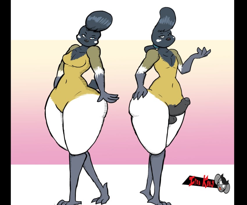 anthro ass avian beak big_butt bird black_bars blue_eyes breasts brother duo female genitals hair hi_res ironkongstudios male mize_(ironkongstudios) navel oscine passerine penis pillarbox pompadour ponytail sibling sister small_breasts soddo_(ironkongstudios) thick_thighs tit_(bird) twins wide_hips