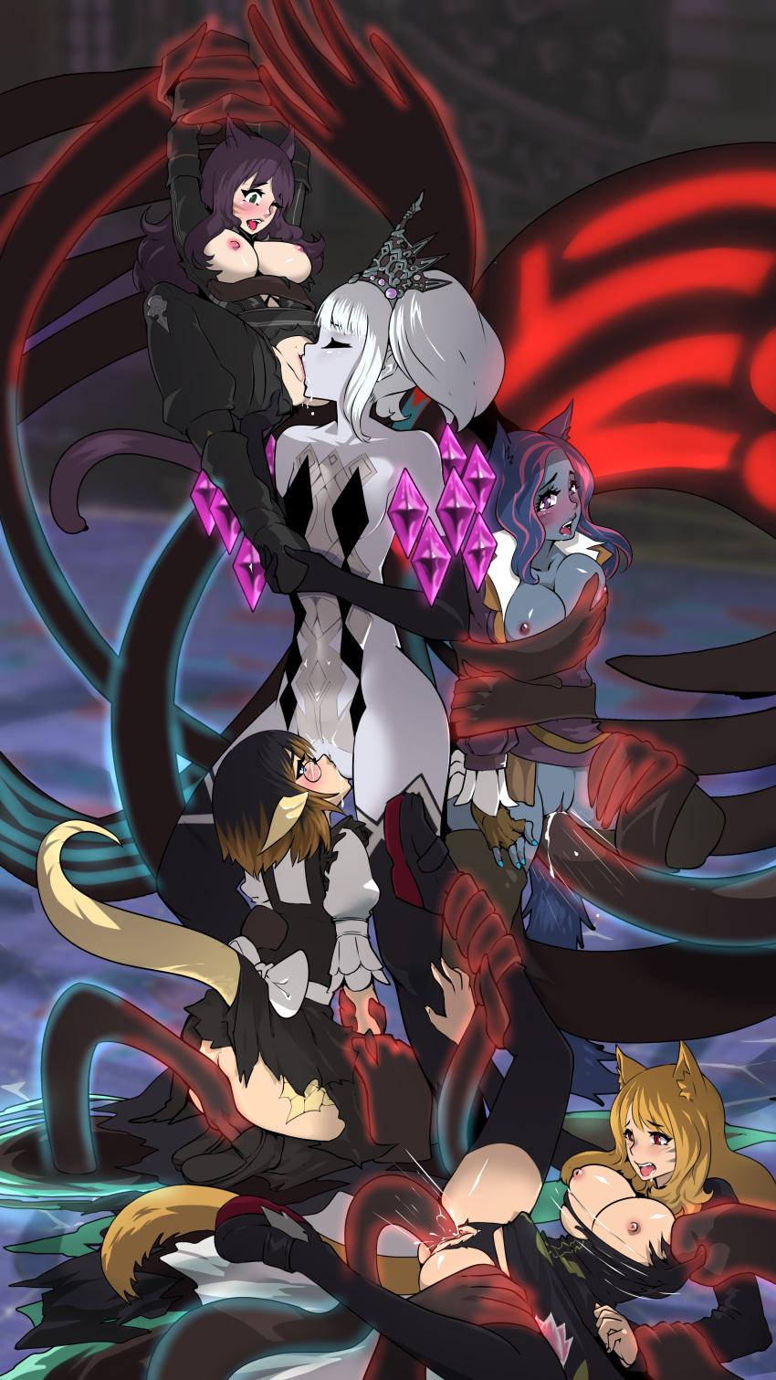 5girls ashe_zahra au_ra bondage cunnilingus female female_only final_fantasy final_fantasy_xiv fisting forced_yuri group_rape group_sex kemonomimi leti_moonreaver magnifire miqo'te multiple_girls raen rape reverse_forced_oral scathach_(final_fantasy) tentacle torn_clothes yuri