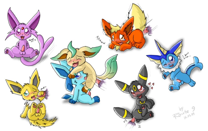 2009 cute dominant_feral eeveelution espeon feral flareon fur furry_ears furry_tail glaceon jolteon leafeon male_only pokemon pokemon_(species) route9 simple_background tail umbreon vaporeon