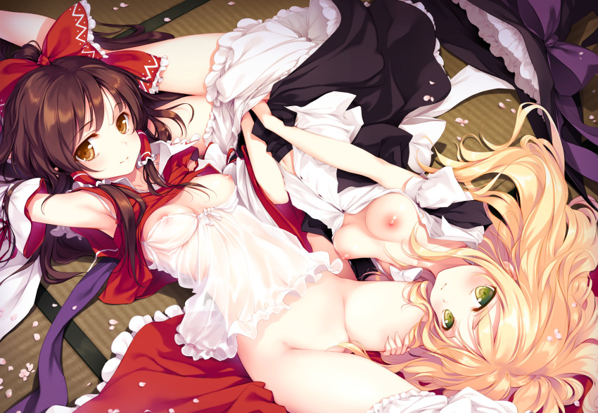 2girls blonde_hair bloomers bloomers_(victorian) bow breasts brown_eyes brown_hair female_only fingering green_eyes japanese_clothes ke-ta long_hair marisa_kirisame miko multiple_girls navel nipples nopan open_shirt reimu_hakurei see_through touhou yuri