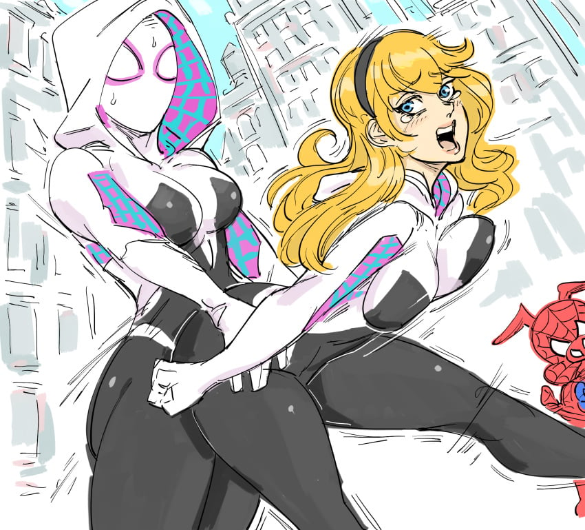 1boy 1futa 1girls ambiguous_penetration bb_(baalbuddy) blonde_hair bodysuit city clothed clothed_futanari clothed_sex clothing crying day female futa_on_female futanari gwen_stacy hair hairband headgear hoodie human implied_futanari looking_at_another male marvel motion_lines open_mouth outdoors pale_skin penetration peter_porker rape selfcest spider-gwen spider-ham spider-man:_into_the_spider-verse spider-man_(series) standing standing_sex sweat sweatdrop tears unmasked