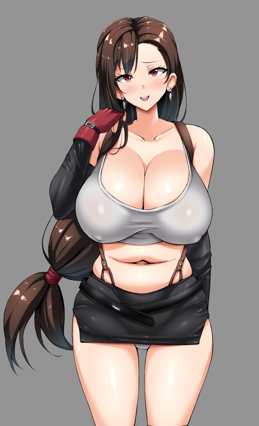 1girls 2019 big_breasts blush breasts brown_hair earrings female female_only final_fantasy final_fantasy_vii fully_clothed gloves grey_background hips huge_breasts large_breasts legs light-skinned_female light_skin long_hair looking_at_viewer open_mouth panties red_eyes sole_gem solo solo_female sports_bra square_enix suspenders thick thick_thighs thighs tied_hair tifa_lockhart top_heavy white_skin wide_hips