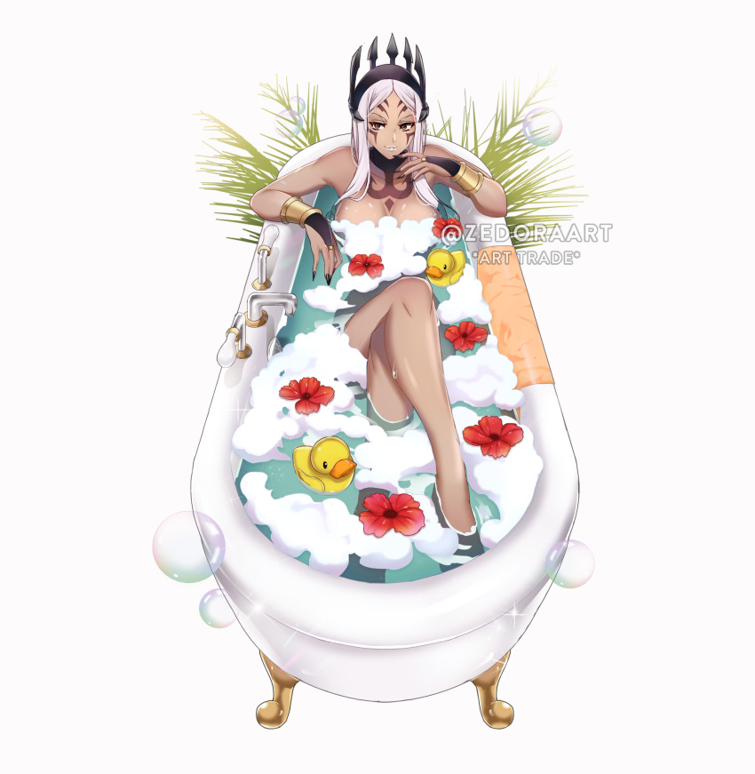 aversa_(fire_emblem) bath bathing bathtub big_breasts brown_eyes cleavage crossed_legs dark_skin female fire_emblem fire_emblem_awakening flowers foam grass hoodie jewelry long_hair nintendo rubber_duck simple_background tagme tattoo thick_thighs watermark white_hair white_lipstick zedoraart