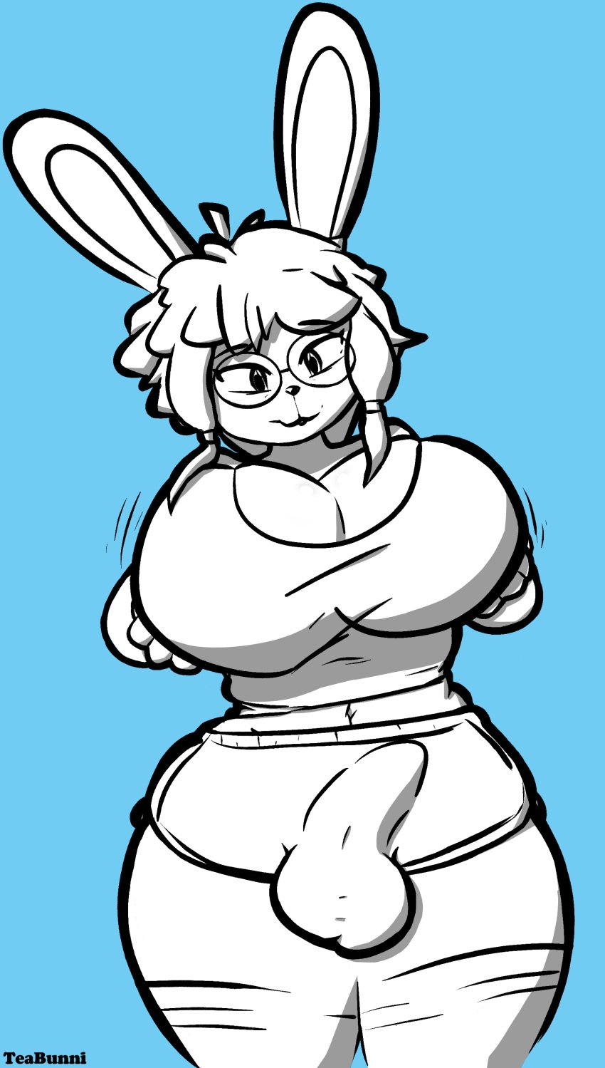 absurd_res anthro big_breasts breast_grab breast_squish breasts bulge erection gay gynomorph hand_on_breast hi_res huge_breasts intersex lagomorph leporid mammal rabbit slightly_chubby solo squish teabunni thick_thighs