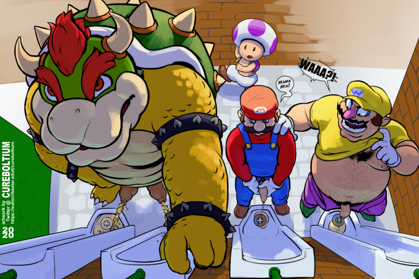 4boys anthro bathroom big_penis bodily_fluids bowser cureboltium diphallia diphallism flaccid foreskin genital_fluids genitals group hemipenes holding_penis human humanoid_genitalia humanoid_penis koopa long_foreskin male male_only mammal mario mario_(series) multi_genitalia multi_penis nintendo overweight overweight_male peeing penis public_restroom scalie super_mario_bros. toad_(mario) toilet uncircumcised uncut unretracted_foreskin urinal urine urine_pool urine_puddle urine_stream video_games wario