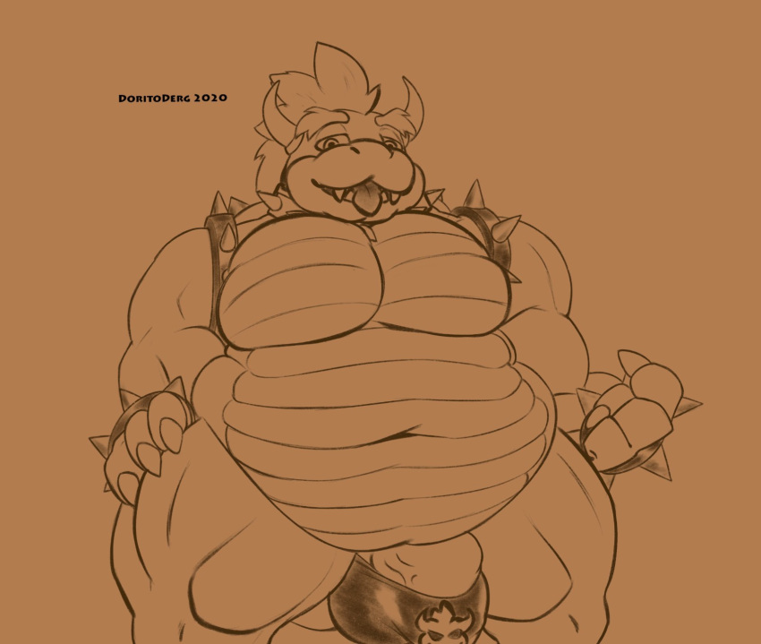 anthro balls bowser clothing doritoderg genitals hi_res koopa looking_at_viewer male male_only mario_(series) monochrome nintendo overweight overweight_anthro overweight_male penis scalie solo thong underwear video_games