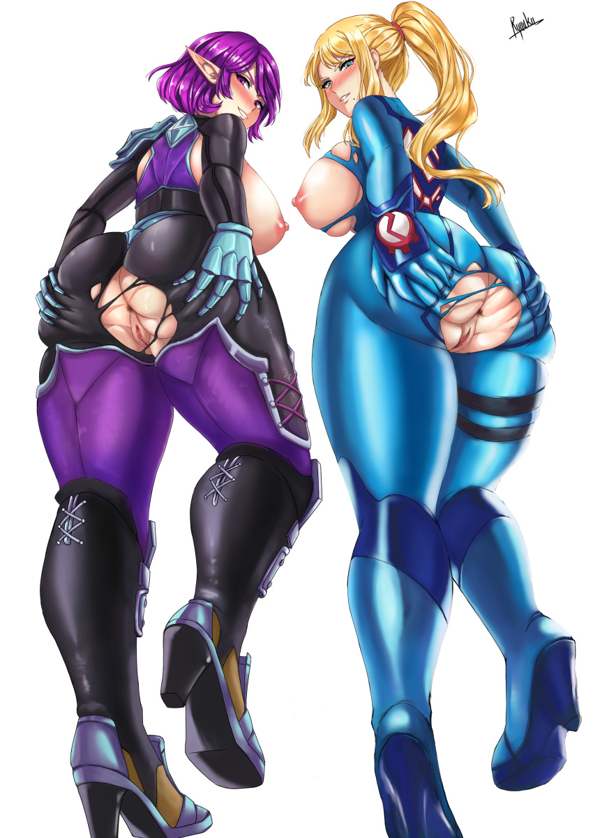 2d 2girls anus areolae ass big_ass big_breasts blonde_hair blush crossover female female_focus female_only high_heel_boots high_heels large_ass large_breasts looking_at_viewer looking_down metroid multiple_girls nintendo nipples paladins pale-skinned_female pale_skin pussy ryuuku samus_aran skye_(paladins) standing thick_ass thick_thighs white_background zero_suit zero_suit_samus