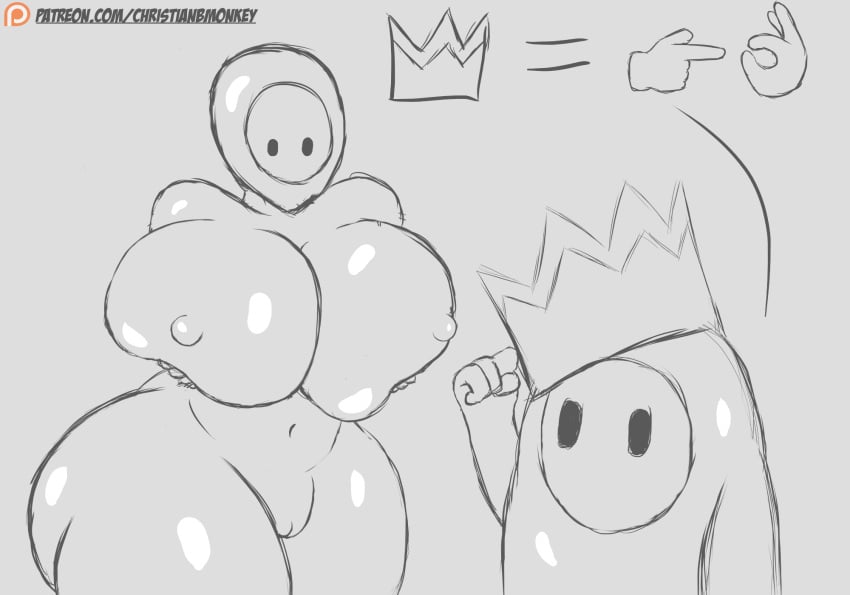 1boy 1girls 4_fingers anthro anthrofied ass belly belly_button big_nipples bimbo bimbofication black_eyes black_sclera breast_expansion breast_grab breast_hold breast_press breast_squeeze breasts breasts_bigger_than_head cameltoe chrisbmonkey cleavage confusion crown erect_nipples expansion eyelashes fall_gal fall_gals fall_guy fall_guys female gigantic_ass gigantic_breasts grey_background growth hips holding holding_breast holding_breasts huge_belly humanoid inviting lifting_breasts looking_at_breasts monochrome mouthless navel nipple_bulge nipples no_mouth plump pressing_breasts_together prostitution pussy simple_background size_difference standing surprised thick thick_ass thick_thighs thighs voluptuous watermark wide_hips