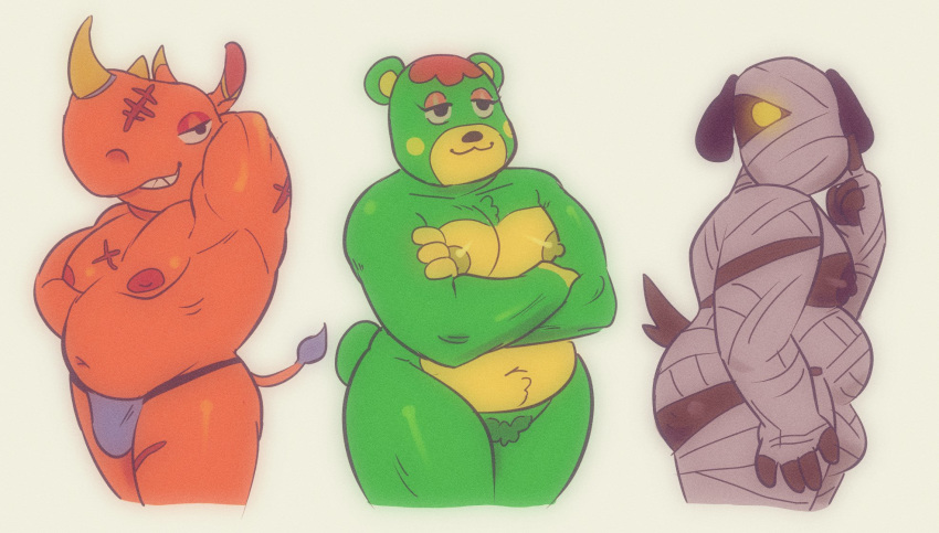 animal_crossing anthro bear bulge charlise_(animal_crossing) clothing female group hi_res lavabath lucky_(animal_crossing) male monster nintendo nipples nude overweight overweight_male pubes spike_(animal_crossing) thong underwear ursid video_games