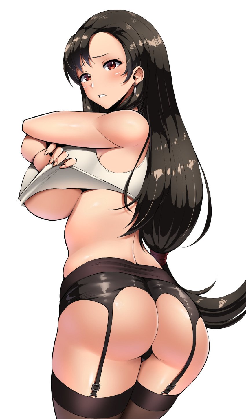 1girls big_ass big_breasts black_hair blush bra brown_eyes earrings female_only final_fantasy final_fantasy_vii garter_belt garter_straps hand_on_breast huge_breasts large_ass large_breasts light-skinned_female light_skin long_hair orange_eyes sole_gem solo_female square_enix stockings tied_hair tifa_lockhart tight_clothing underboob undressing white_background