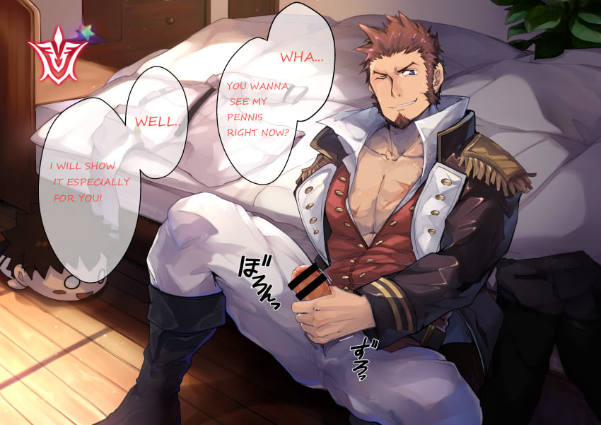 1boy abs absurdres alu379 bar_censor bara beard bed boots censored chaldea_uniform chest commentary_request english_text epaulettes facial_hair fate/grand_order fate_(series) fujimaru_ritsuka_(male) highres male_focus male_masturbation masturbation muscle napoleon_bonaparte_(fate) one_eye_closed pants pectorals penis penis_grab penis_out penis_through_fly ranguage saint_quartz scar smile spread_legs stuffed_toy teeth testicles_under_clothes uniform