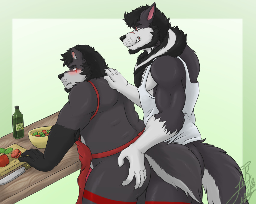 5:4 anthro apron apron_only canid canine canis clothing duo hairy hi_res hybrid kitchen krousser krowlfer likangel male male/male mammal mostly_nude right_in_front_of_my_salad salad selfcest square_crossover teeth_showing tsundere ursid were werecanid werecanine werewolf wolf