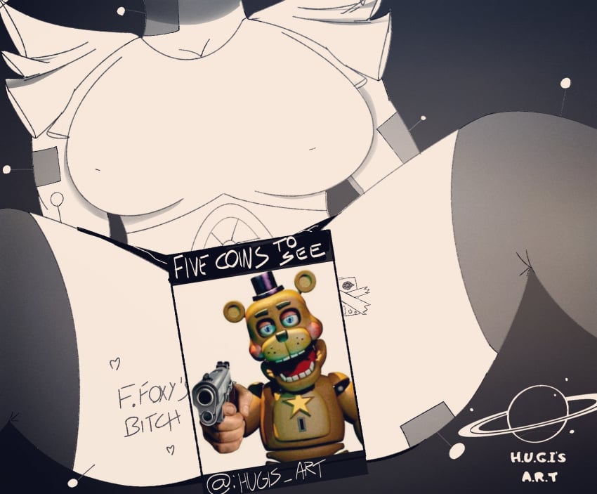 1girls baby_(fnafsl) bear big_breasts blue_eyes blush breasts brown_fur censored circus_baby circus_baby_(fnaf) english_text female five_nights_at_freddy's gun hugis_art nipple_outline panties rockstar_freddy sister_location solo spread_legs thick_thighs