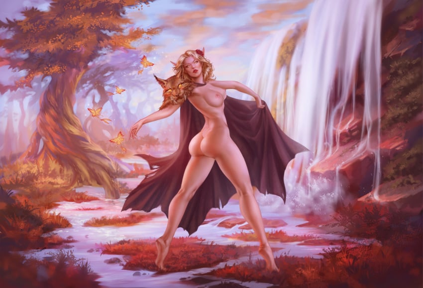 1girls 2020 artist_name ass blizzard_entertainment blonde_hair blood_elf breasts butterfly cloak dancing elf female female_focus female_only gold_eyes grass highres lipstick long_eyebrows long_hair long_legs nipples realistic red_lips red_lipstick rose small_breasts solo_female solo_focus tixnen tree warcraft waterfall yellow_eyes yellow_hair