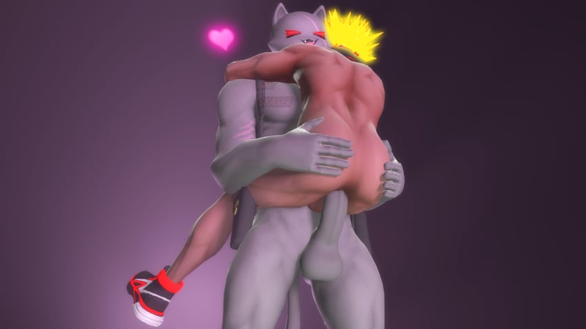 3d_(artwork) anal anal_sex anthro ass balls big_butt burning_wolf_(fortnite) canid canine canis carrying_position clothing digital_media_(artwork) domestic_cat duo epic_games felid feline felis footwear fortnite genitals gun_holster hand_on_butt heart hi_res male male/male mammal meowscles_(fortnite) muscular muscular_anthro muscular_male nude penetration penis scarf shadow_meowscles_(fortnite) shoes sky_chaser smile source_filmmaker video_games wolf