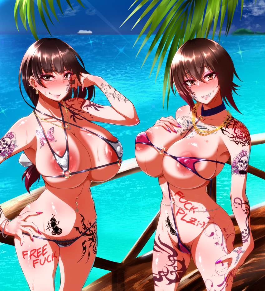 areola_slip areolae beach belly_piercing body_writing brown_hair earrings girls_und_panzer gyaru huge_breasts light-skinned_female looking_at_viewer mature_female micro_bikini milf mother mother_and_daughter necklace nishizumi_maho nishizumi_shiho ocean penetration_symbol piercing queen_of_spades rasson short_hair tattoo ♀ ♂