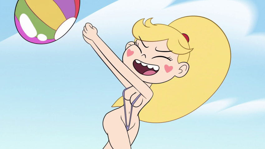 beach_ball big_hair blonde_hair breasts casual closed_eyes disney disney_channel edit heart_cheeks ponytail razafrazz screenshot screenshot_edit sling_bikini star_butterfly star_vs_the_forces_of_evil wide_hips