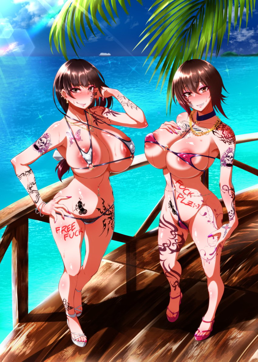 areola_slip areolae beach belly_piercing body_writing brown_hair earrings girls_und_panzer gyaru high_heels huge_breasts light-skinned_female looking_at_viewer mature_female micro_bikini milf mother mother_and_daughter necklace nishizumi_maho nishizumi_shiho ocean penetration_symbol piercing prostitute prostitution queen_of_spades rasson short_hair tattoo ♀ ♂