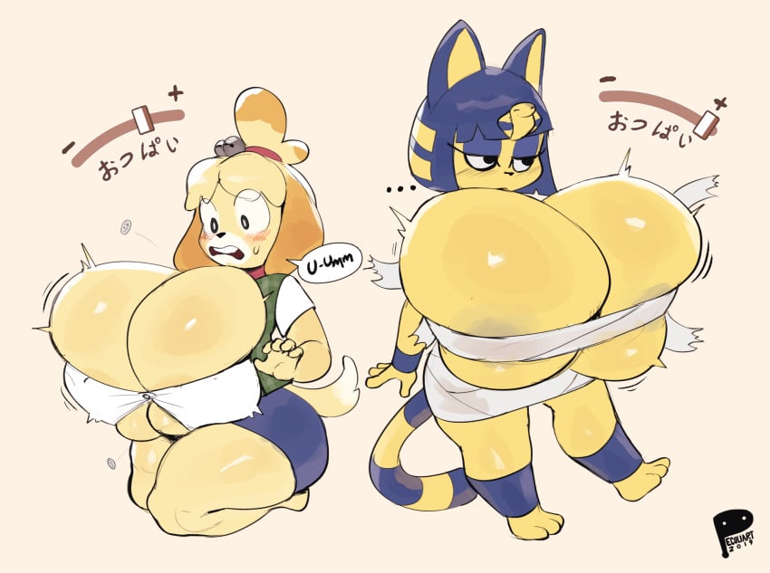 ... animal_crossing ankha ankha_(animal_crossing) anthro areola areola_slip big_breasts blonde_hair blue_hair blush body_slider bottomwear breast_expansion breast_slider breasts bursting_breasts busty canid canine canis character_slider chest_wraps clothed clothing domestic_cat domestic_dog doubutsu_no_mori duo egyptian expansion felid feline felis female front_view fur hair hi_res huge_breasts hyper hyper_breasts isabelle_(animal_crossing) japanese_text kneeling mammal multicolored_body multicolored_fur multicolored_hair nairu_(doubutsu_no_mori) nintendo overflowing_breasts peculiart pink_background popped_button ringtail shih_tzu shizue_(doubutsu_no_mori) short_hair shortstack simple_background skirt slider small_but_busty speech_bubble standing surprise text thick_thighs tight_clothing toy_dog transformation translated two_tone_body two_tone_fur two_tone_hair two_tone_tail uraeus video_games wardrobe_malfunction wraps yellow_body yellow_fur