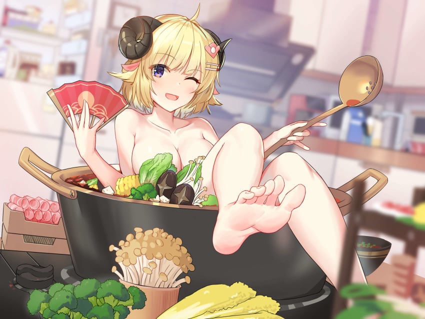 animal_ears artist_request blonde_hair breasts broccoli cooking_pot corn fan feet holoforce hololive hololive_japan kitchen one_eye_closed sheep_girl sheep_horns tsunomaki_watame virtual_youtuber