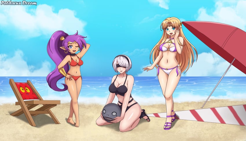 3girls :d artist_signature bangs barefoot beach bikini black_bikini black_hairband blindfold blonde_hair blue_eyes blue_sky bracer breasts cleavage cloud commission covered_eyes crossover earrings female female_only forehead_jewel grey_hair hair_ornament hairband hand_up heart_hair_ornament high_ponytail highres hoop_earrings jewelry large_breasts legs long_hair looking_at_viewer medium_breasts multi-strapped_bikini multiple_girls navel nier nier:_automata open_mouth open_toe_shoes parted_bangs parted_lips patdarux pointy_ears princess_zelda purple_hair red_bikini shantae shantae_(character) short_hair sky slippers squid_baron stomach swimsuit the_legend_of_zelda thighs triforce umbrella very_long_hair white_bikini yorha_2b zelda_(a_link_between_worlds)