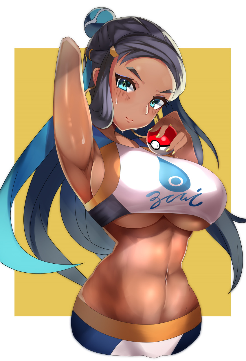 1girls abs arm_up armpits big_breasts blue_hair curvy dark-skinned_female dark_blue_hair dark_skin earrings female holding_object holding_poke_ball huge_breasts large_breasts long_hair nessa_(pokemon) nintendo pokemon pokemon_ss sweat tea_texiamato toned two_tone_hair