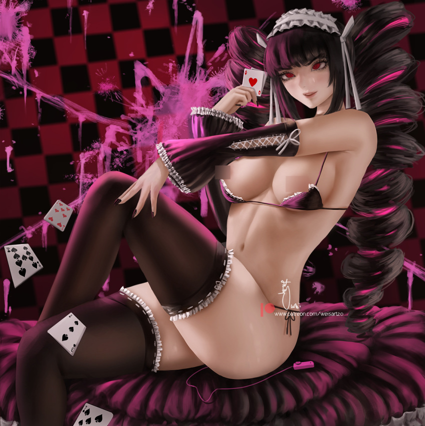 1girls ace_of_hearts bangs bare_shoulders bikini bikini_top black_bikini black_hair black_legwear black_nails blunt_bangs breasts card celestia_ludenberg censored censored_breasts checkered checkered_background cleavage commentary_request commission crossed_legs danganronpa danganronpa:_trigger_happy_havoc detached_sleeves drill_hair feet_out_of_frame female female_focus female_only fingernails frilled_bikini frilled_legwear frilled_sleeves frills goth goth_girl gothic_lolita hairband holding holding_card knee_up large_breasts lolita_fashion lolita_hairband long_fingernails long_sleeves multicolored_hair nail_polish nipple_censor object_insertion parted_lips pink_hair pink_lips playing_card pose posing realistic red_bikini red_eyes sitting smile solo solo_focus stockings straight_hair swimsuit thighhighs two-tone_hair vibrator vibrator_cord wei_(promise_0820)