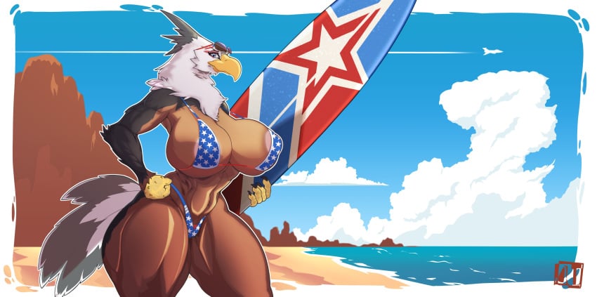 1girls 4th_of_july 5_fingers american_eagle american_flag_bikini anthro beach big_breasts breasts eagle female jawfultymes tagme water