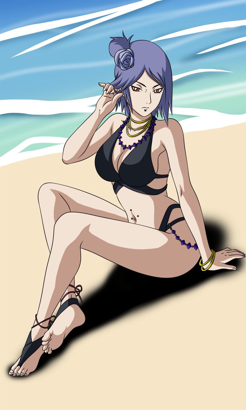 1girls arm_support barefoot big_ass big_breasts big_butt bikini blue_hair bracelets breasts cleavage feet female female_only flower hair_ornament hand_on_hair konan krazykamikaze44 naruto navel navel_piercing necklace ocean orange_eyes ornament piercing purple_hair sand side_bun sitting solo tied_hair toes water