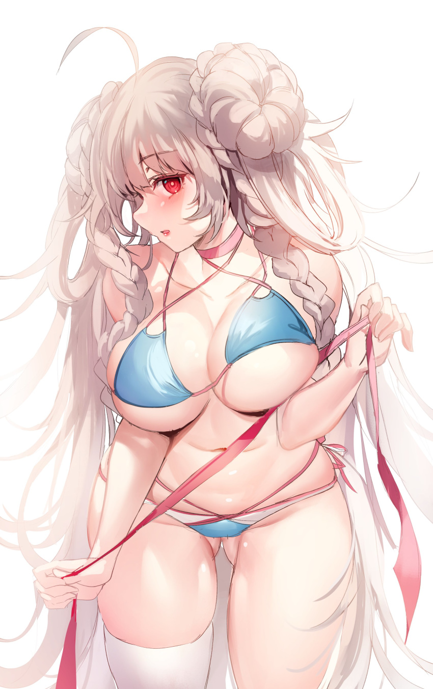 :d ahoge alternate_costume azur_lane bangs bikini blue_bikini blush braid braided_bun breast_lift breasts choker cleavage double_bun eyebrows_visible_through_hair female formidable_(azur_lane) formidable_(the_lady_of_the_beach)_(azur_lane) large_breasts long_hair looking_at_viewer navel open_mouth red_eyes sidelocks single_thighhigh skindentation smile solo swimsuit thighhighs thighs very_long_hair white_hair zerocat