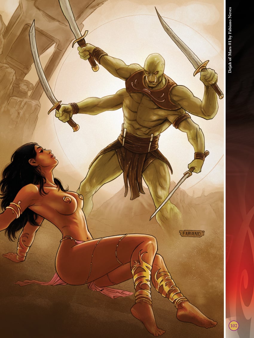 1girls 4_arms a_princess_of_mars alien anklet barsoom black_hair dejah_thoris fabiano_neves gold_pasties green_martian green_skin holding_weapon john_carter_of_mars large_breasts larger_male loincloth long_hair martian multi_arm multi_limb official_art pasties red_eyes royalty side_view size_difference smaller_female sword voluptuous