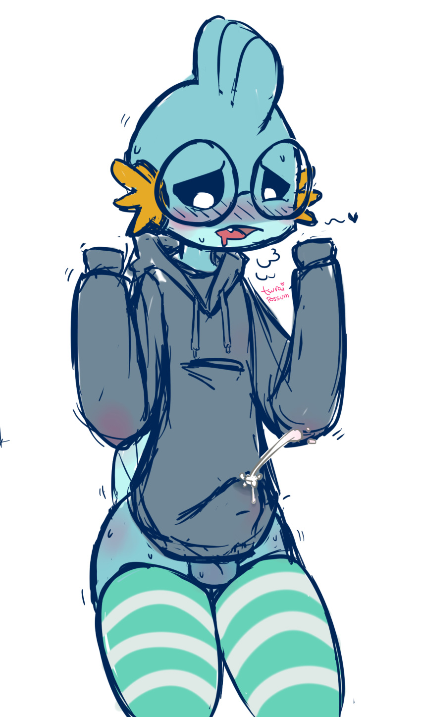 anthro blush bodily_fluids bottomless_male clothing cum cum_through_clothing ejaculation eyewear genital_fluids girly glasses heart hi_res hoodie legwear male male_only mudkip nintendo orgasm_face pokémon_(species) pokemon pokemon_(species) solo sweat sweatdrop thigh_highs topwear tsuraipossum video_games wet wet_clothing