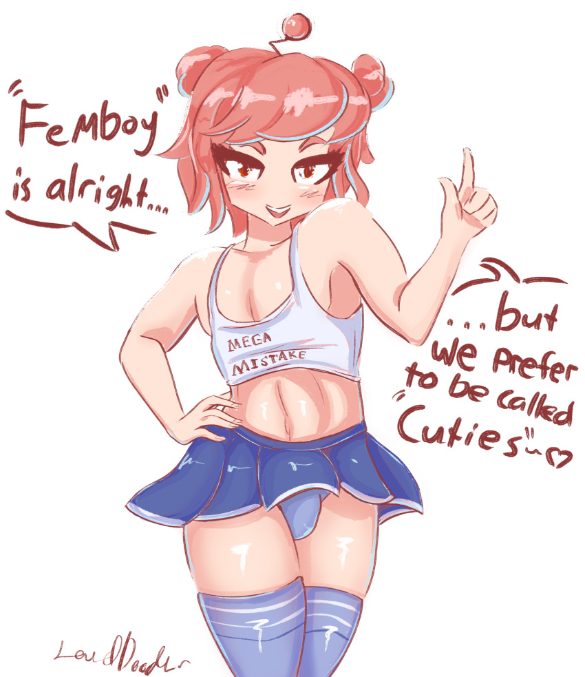 1boy 2020 absurd_res antennae armpits artist_name blue_panties blush bulge clothes_writing clothing crop_top double_bun english_text femboy genderswap_(ftm) hand_on_hip heart highres humor index_finger_raised lewddoodler male male_only mascot midriff miniskirt navel open_mouth panties pink_hair r/animemes red_eyes reddit revealing_clothes rule_63 sachi_(r/animemes) short_hair signature simple_background skirt solo speech_bubble spoken_heart standing talking talking_to_viewer tank_top teeth text thighhighs thighs tied_hair trap underwear white_background zettai_ryouiki