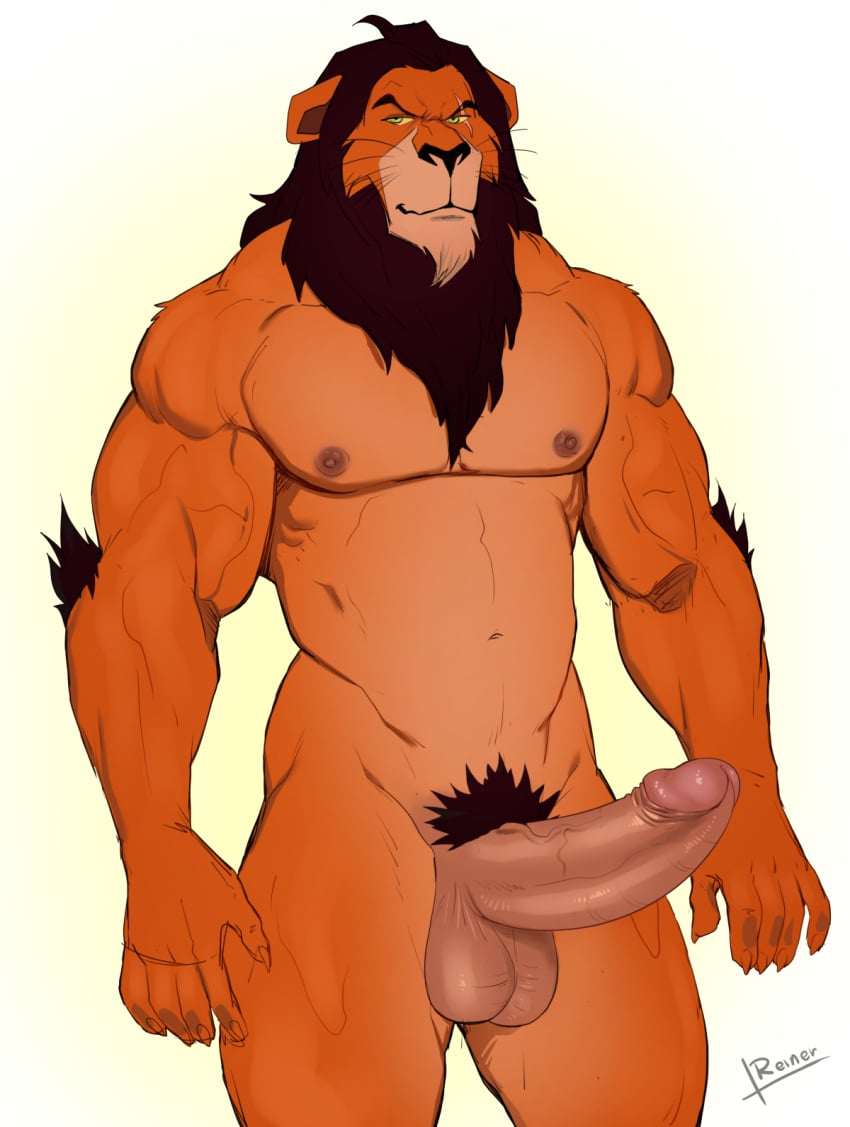 2020 anthro balls black_mane disney erection facial_scar felid fur genitals green_eyes hi_res humanoid_genitalia humanoid_penis lion male male_only mammal mane nipples nude pantherine penis pubes reiner55 scar scar_(the_lion_king) solo the_lion_king