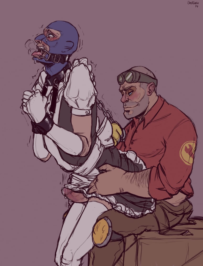 bondage crying crying_with_eyes_open daskingu dubious_consent engineer engineer_(team_fortress_2) gag gay gay_sex maid maid_outfit maid_uniform male male_only penis questionable_consent ring_gag spy spy_(team_fortress_2) team_fortress_2