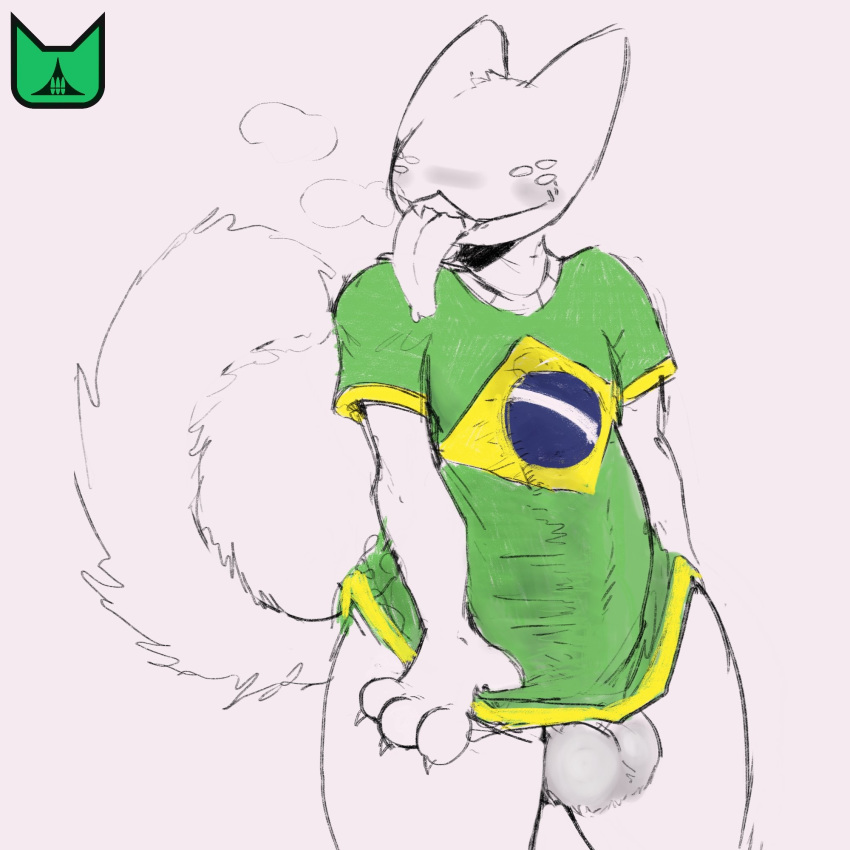 anthro balls big_penis blush bottomless brazilian_flag bulge claws clothed clothing felid feline furry genitals hi_res hyper male male_only mammal penis shirt solo tagme tongue tongue_out topwear zzz3