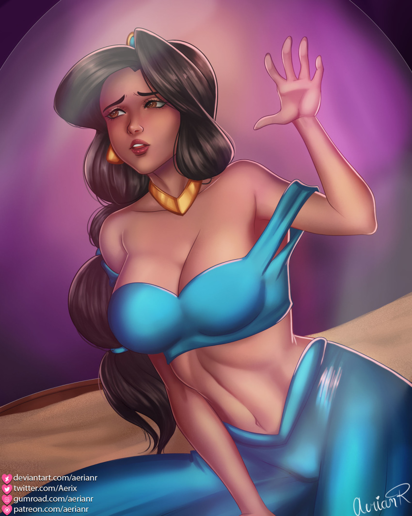 aerianr aladdin arabian arabian_clothes belly black_hair brown_eyes dark-skinned_female disney disney_princess enslaved_royal female female_only harem_outfit harem_pants navel princess_jasmine solo