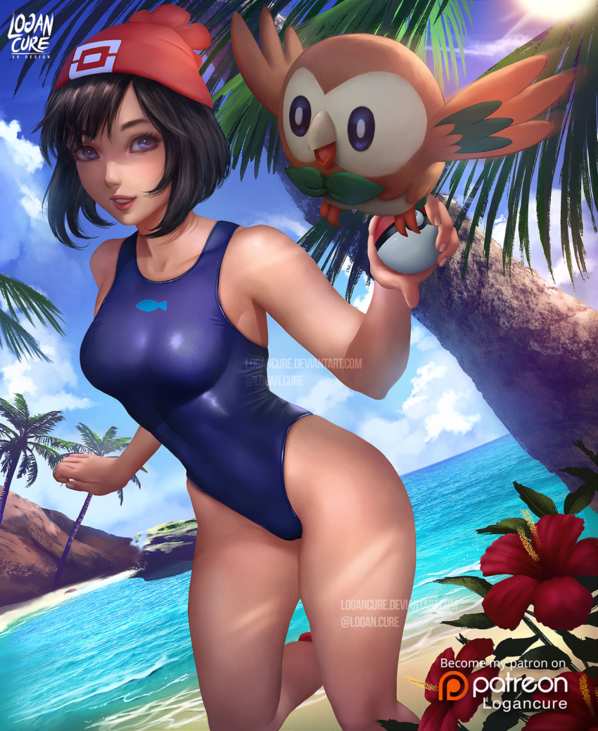 alternate_costume female female_protagonist logan_cure one-piece_swimsuit pokemon pokemon_sm rowlet selene_(pokemon) skin_tight swimsuit