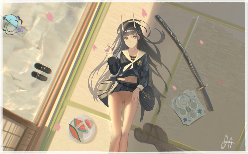 absurdres azur_lane bare_legs black_footwear black_hair black_shirt black_skirt cherry_blossoms collarbone cup eflilies english_commentary expressionless falling_petals female food footwear_removed from_above fruit highres hime_cut horns huge_filesize indoors lifted_by_self loafers long_hair long_sleeves looking_at_viewer lying midriff miniskirt navel no_panties noshiro_(azur_lane) on_back oni_horns pantyhose pantyhose_removed pleated_skirt pussy sailor_collar school_uniform serafuku shirt shoes signature skirt skirt_lift solo straight_hair tatami tea_set teacup teapot uncensored watermelon white_sailor_collar wind_chime yellow_eyes