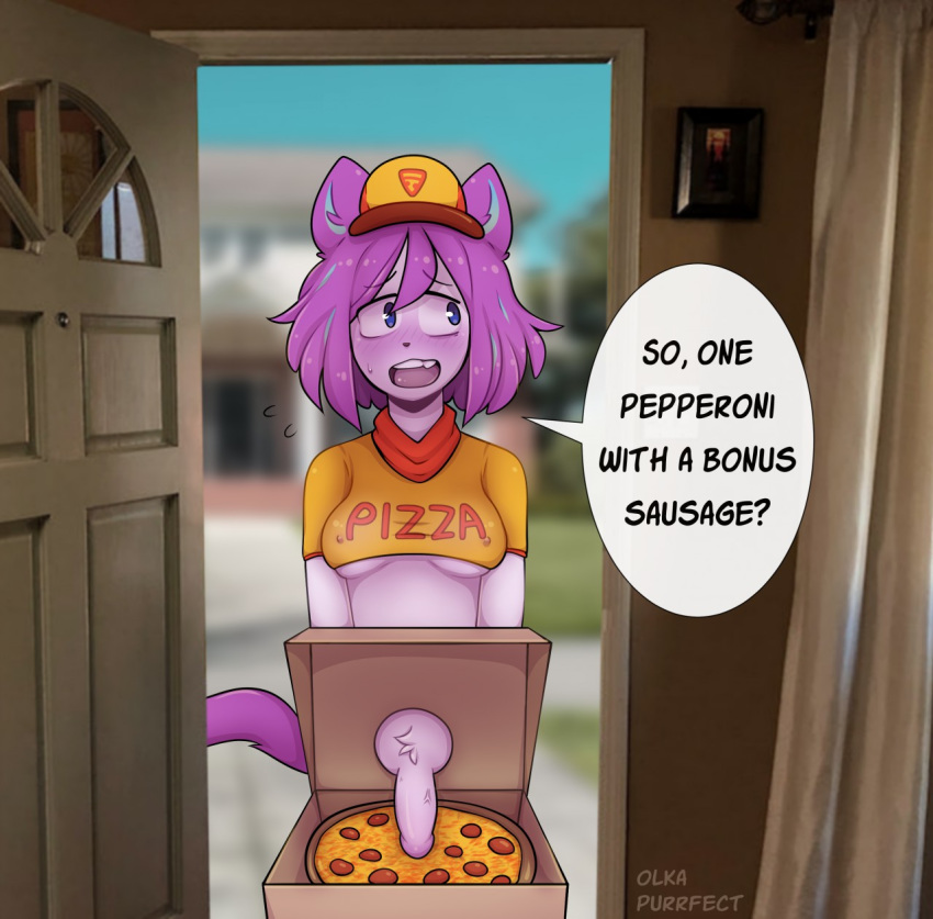 1futa anthro bottomless breasts dark-skinned_futanari delivery_(commerce) delivery_employee dialogue dickgirl domestic_cat door embarrassed_nude_futa english_text erect_nipples felid feline felis flaccid food food_carrier food_delivery furry futa_only futanari genitals grapes_(marshmallow-ears) gynomorph hair hi_res intersex mammal marshmallow-ears nipple_bulge penis photo_background pink_hair pizza pizza_box pizza_delivery pizza_delivery_carrier public roleplay shy solo solo_futa speech_bubble text