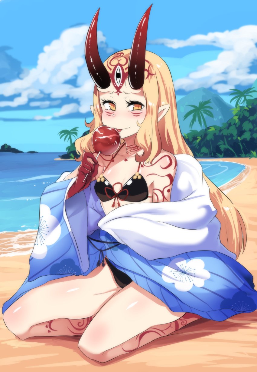 1girls beach bikini blonde_hair breasts candy_apple eating fate/grand_order fate_(series) hinghoi horns ibaraki_douji_(fate) kimono kneeling outdoors small_breasts solo tagme tongue_out yellow_eyes